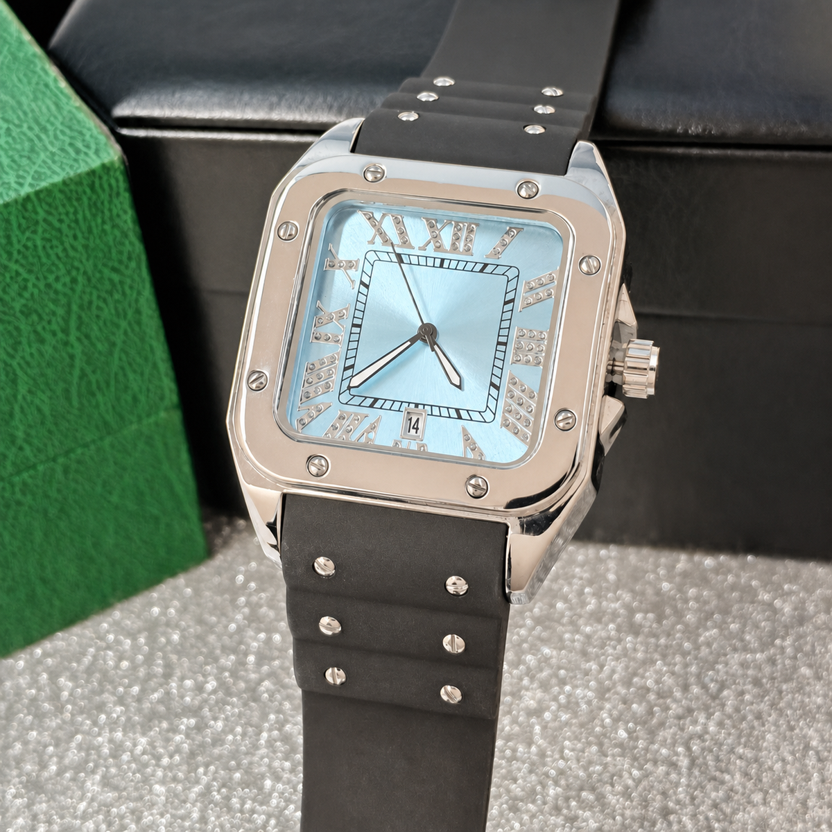 Men’s black screw-bezel Roman square quartz watch — premium product view 12