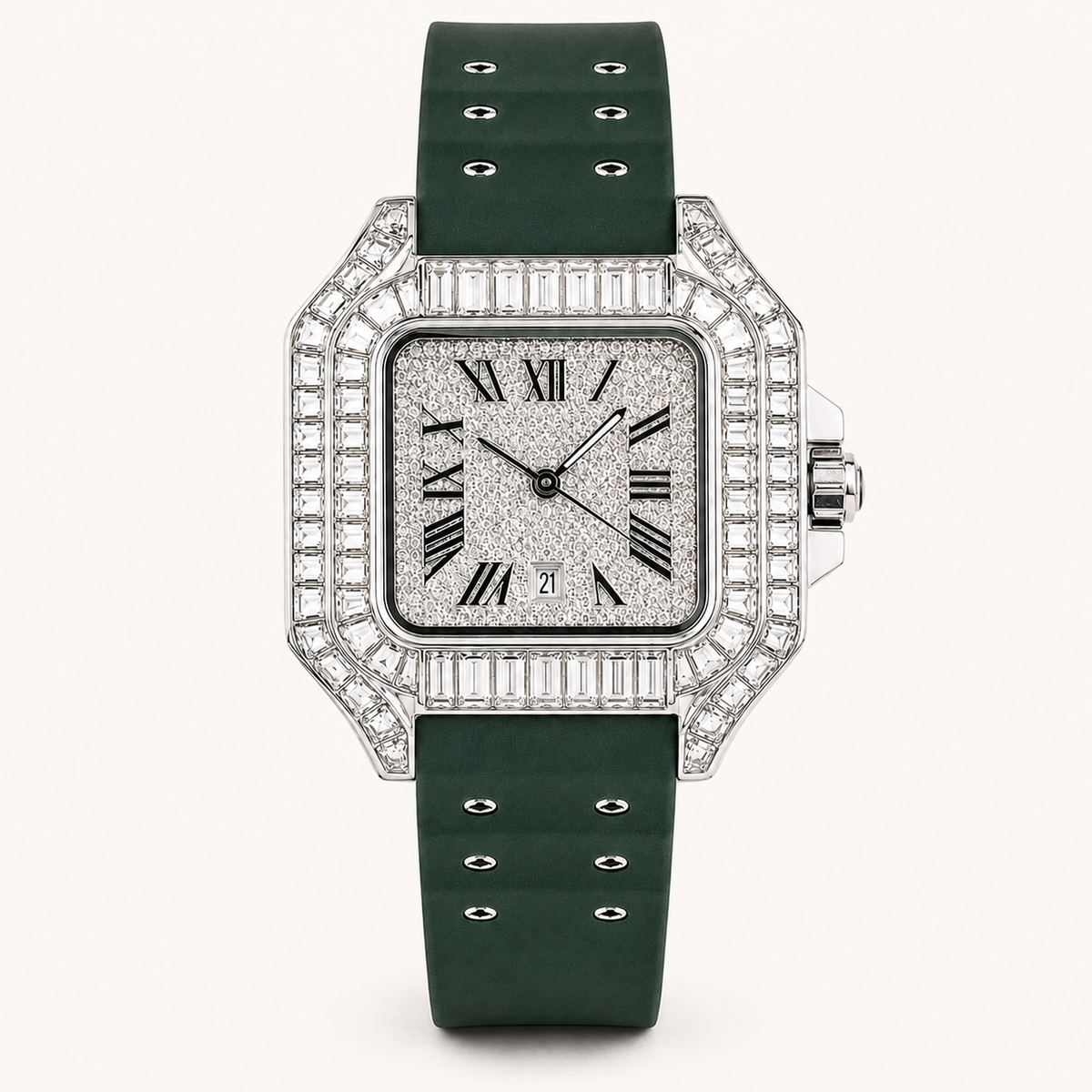 Women’s green studded-strap Roman square quartz watch — premium product view 1
