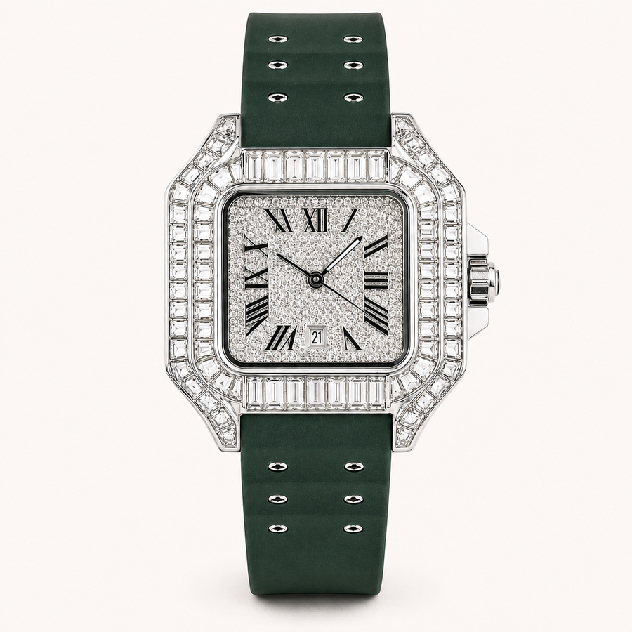 Women’s green studded-strap Roman square quartz watch — premium product view 1