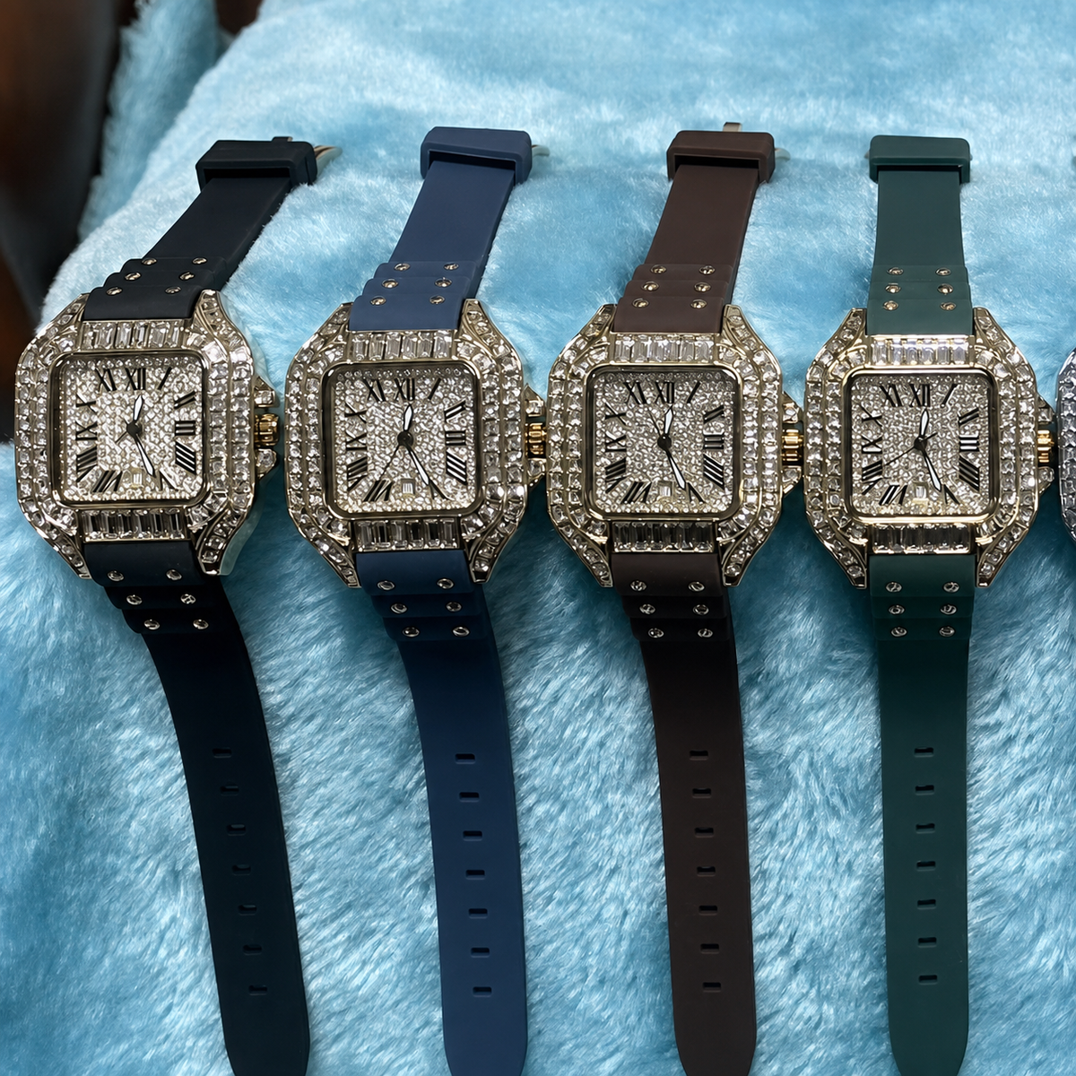 Women’s green studded-strap Roman square quartz watch — premium product view 6
