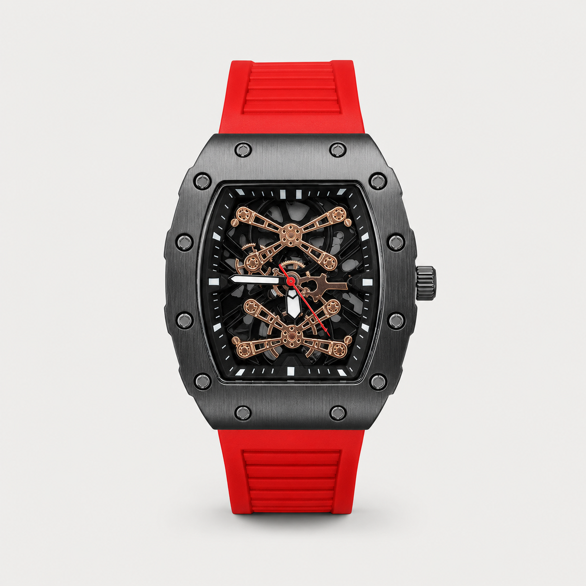 Men’s red gear-bridge barrel quartz watch, professional studio front view