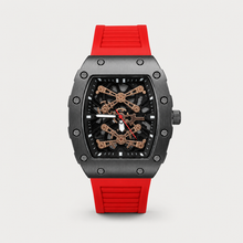 Men’s red gear-bridge barrel quartz watch, professional studio front view