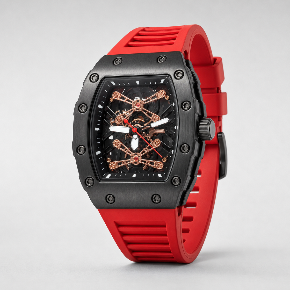 Men’s red gear-bridge barrel quartz watch, professional studio product view 2