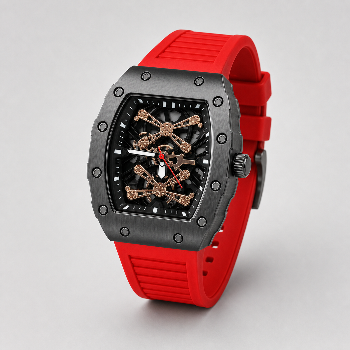 Men’s red gear-bridge barrel quartz watch, professional studio product view 3