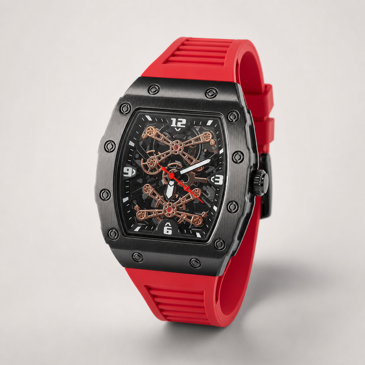 Men’s red gear-bridge barrel quartz watch, professional studio product view 4