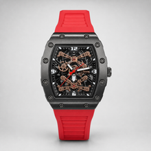 Men’s red gear-bridge barrel quartz watch, professional studio product view 5