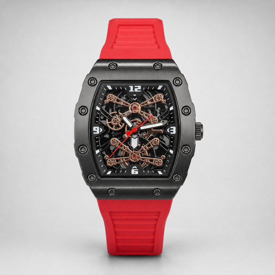 Men’s red gear-bridge barrel quartz watch, professional studio product view 5