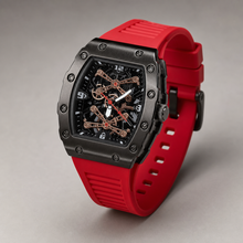 Men’s red gear-bridge barrel quartz watch, professional studio product view 6