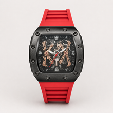 Men’s red gear-bridge barrel quartz watch, professional studio product view 7