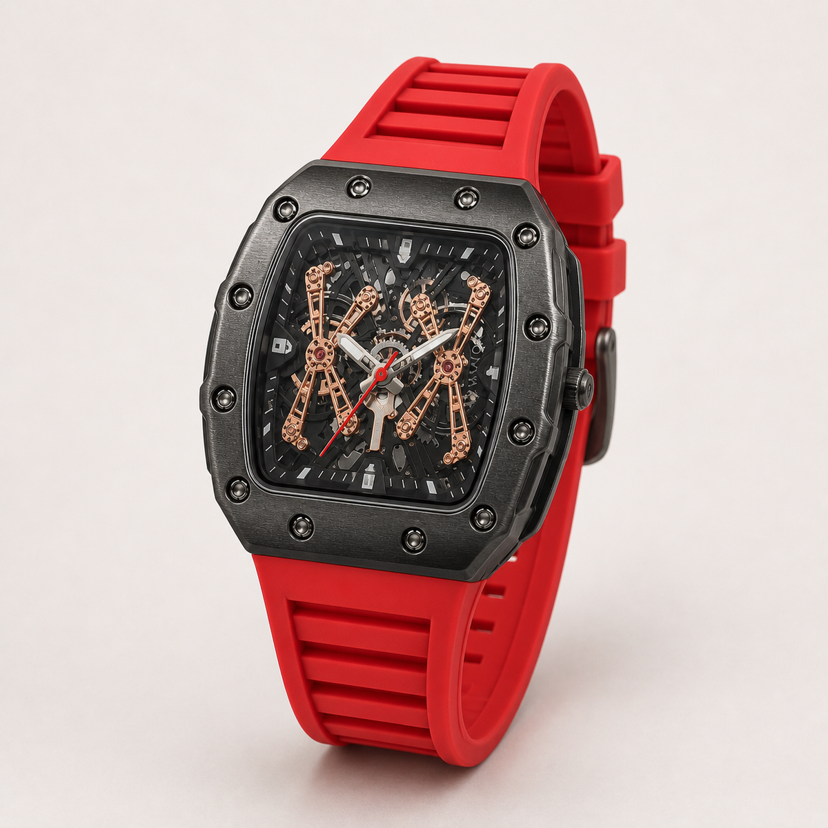 Men’s red gear-bridge barrel quartz watch, professional studio product view 8