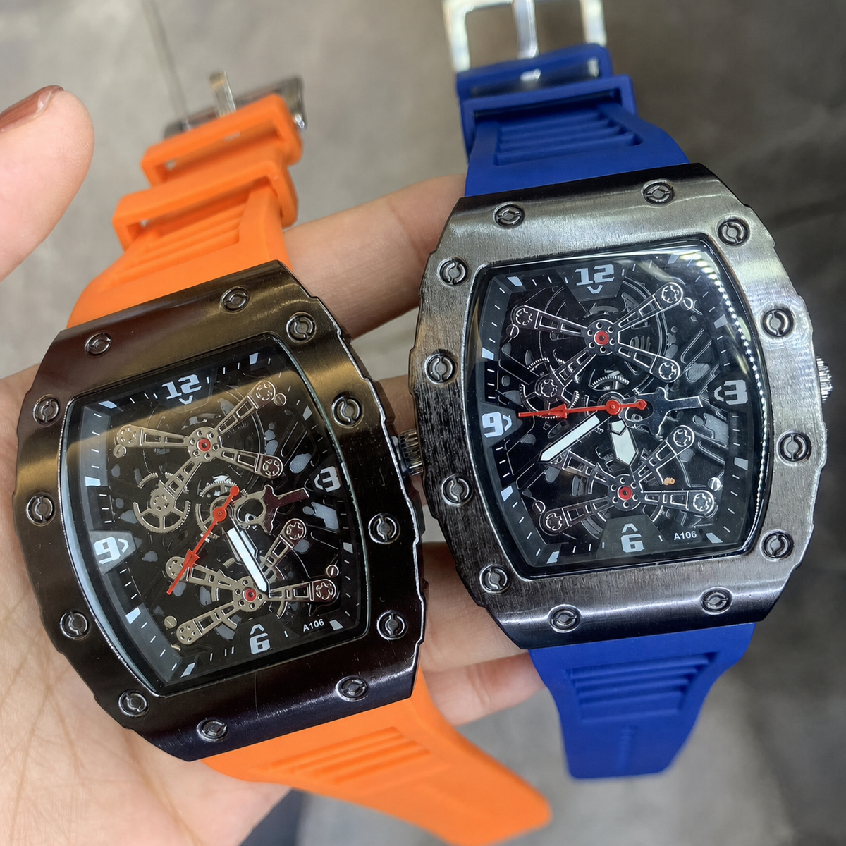 Men’s red silver-bridge barrel quartz watch — premium product view 1