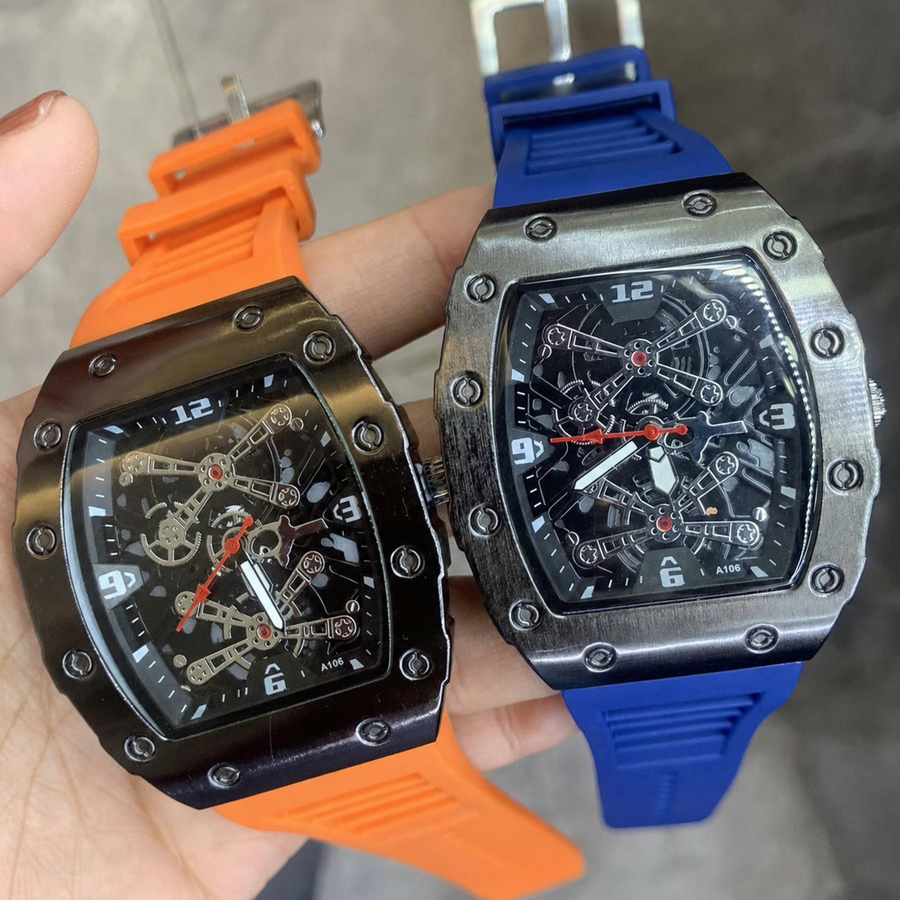 Men’s red silver-bridge barrel quartz watch — premium product view 2