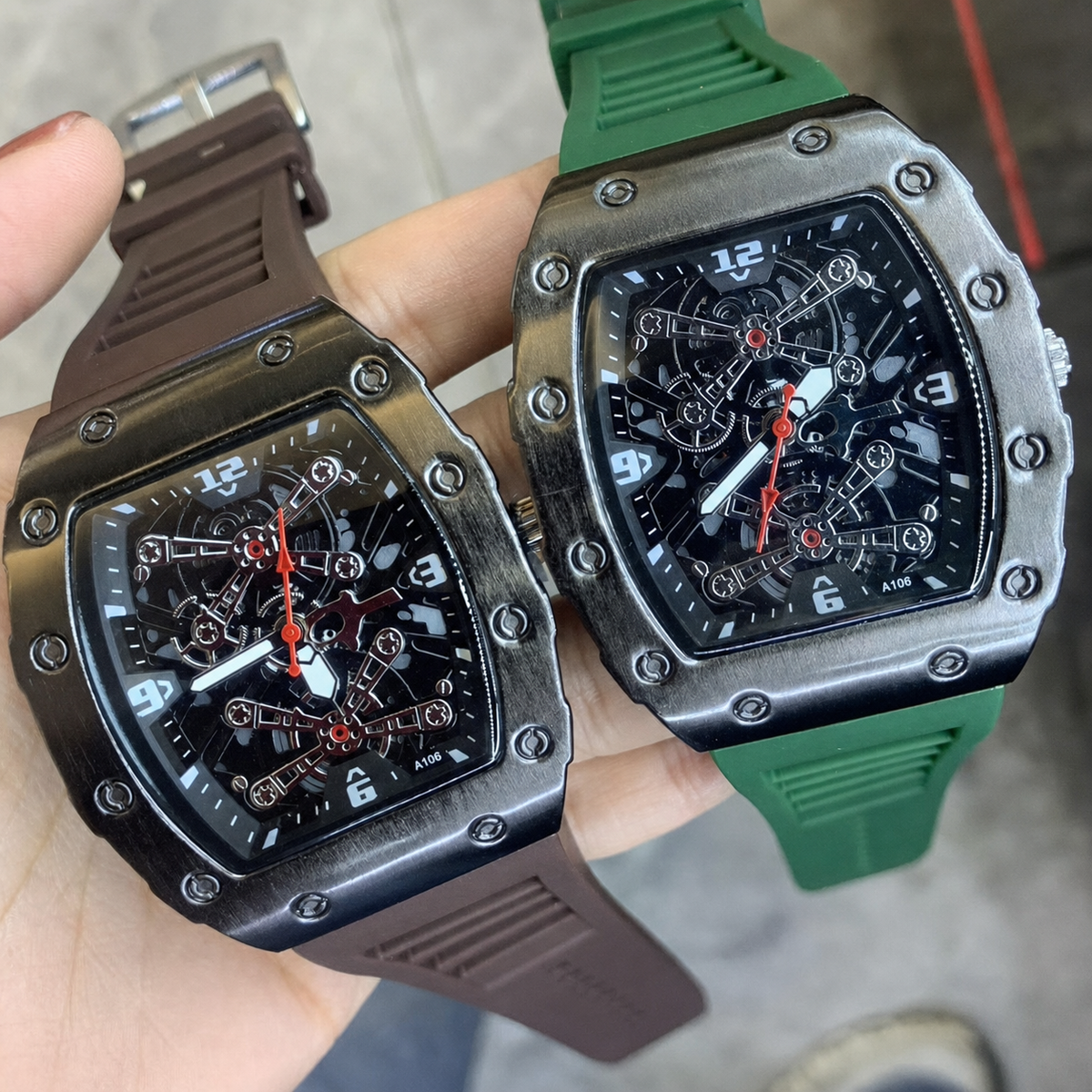 Men’s red silver-bridge barrel quartz watch — premium product view 3