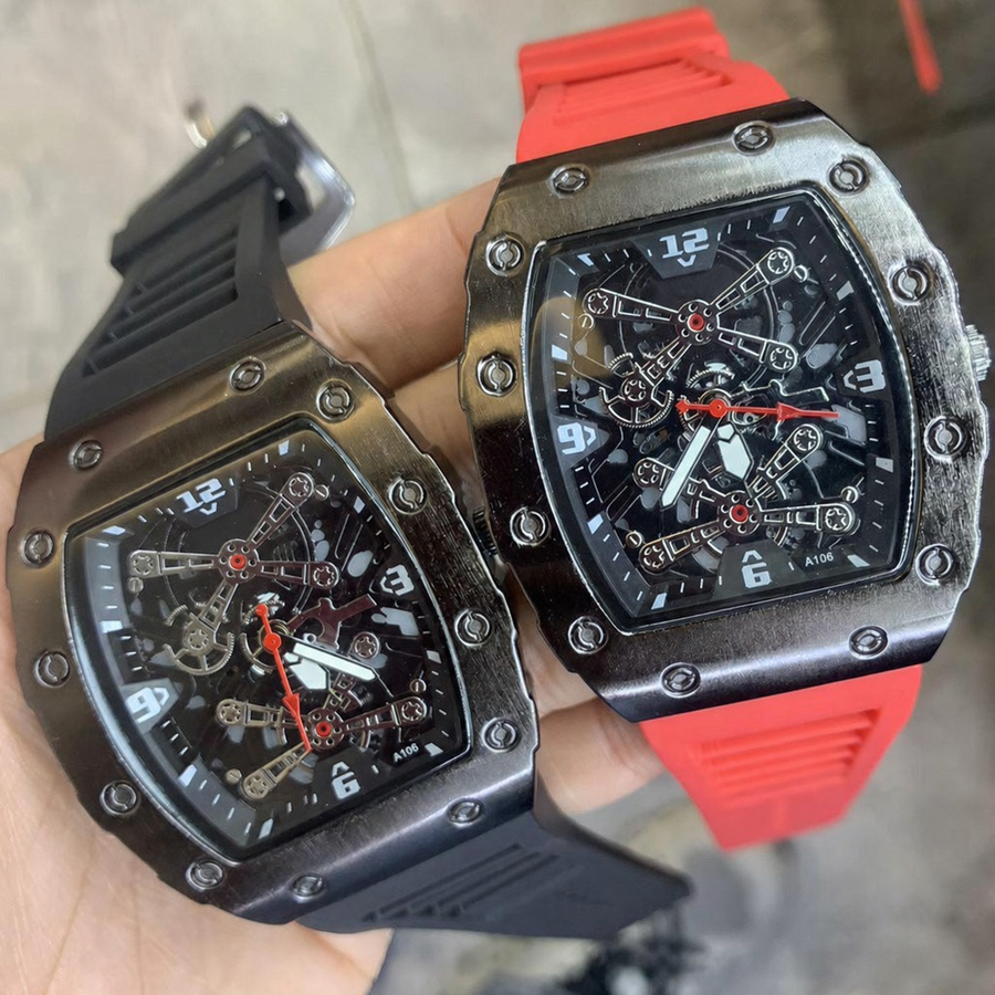Men’s red silver-bridge barrel quartz watch — premium product view 4