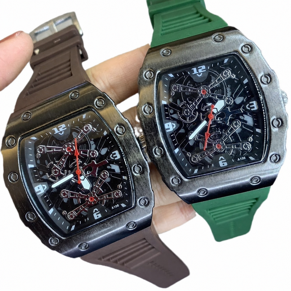 Men’s red silver-bridge barrel quartz watch — premium product view 6