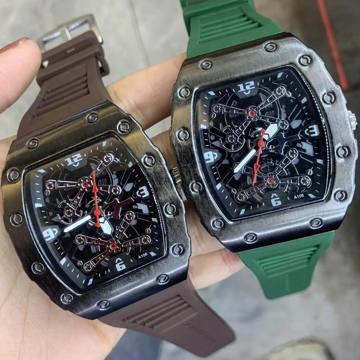 Men’s red silver-bridge barrel quartz watch — premium product view 10