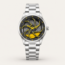 Men’s yellow brake-disc wheel-dial quartz watch, professional studio front view