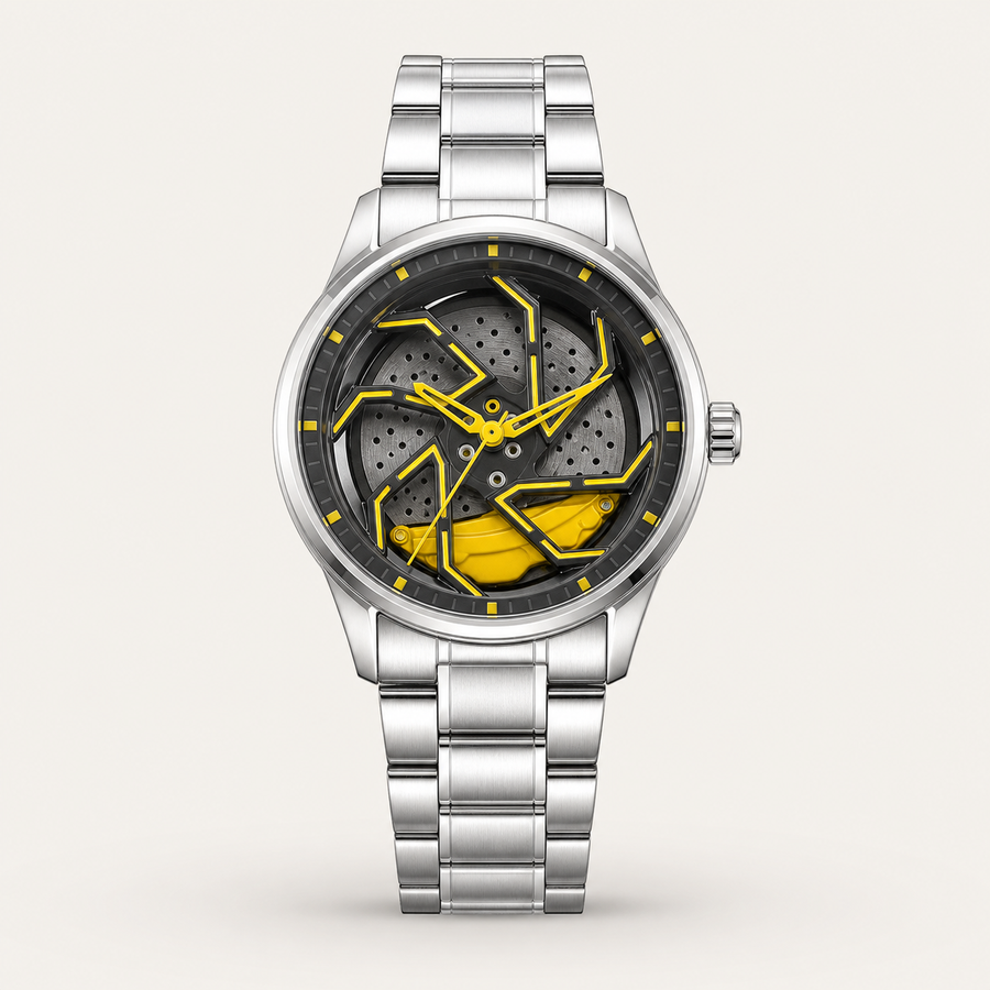 Men’s yellow brake-disc wheel-dial quartz watch, professional studio front view