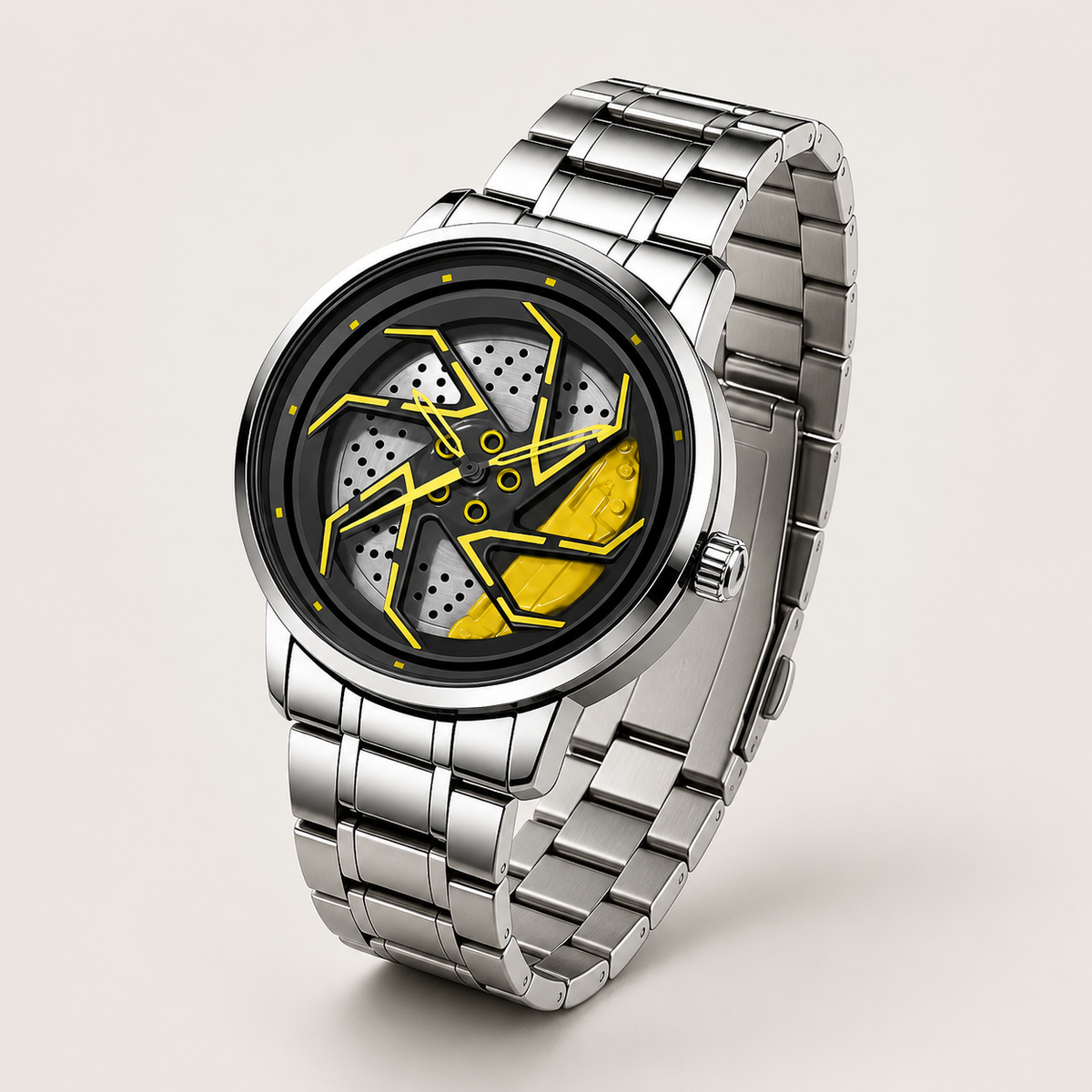 Men’s yellow brake-disc wheel-dial quartz watch, professional studio three-quarter view