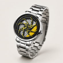 Men’s yellow brake-disc wheel-dial quartz watch, professional studio three-quarter view