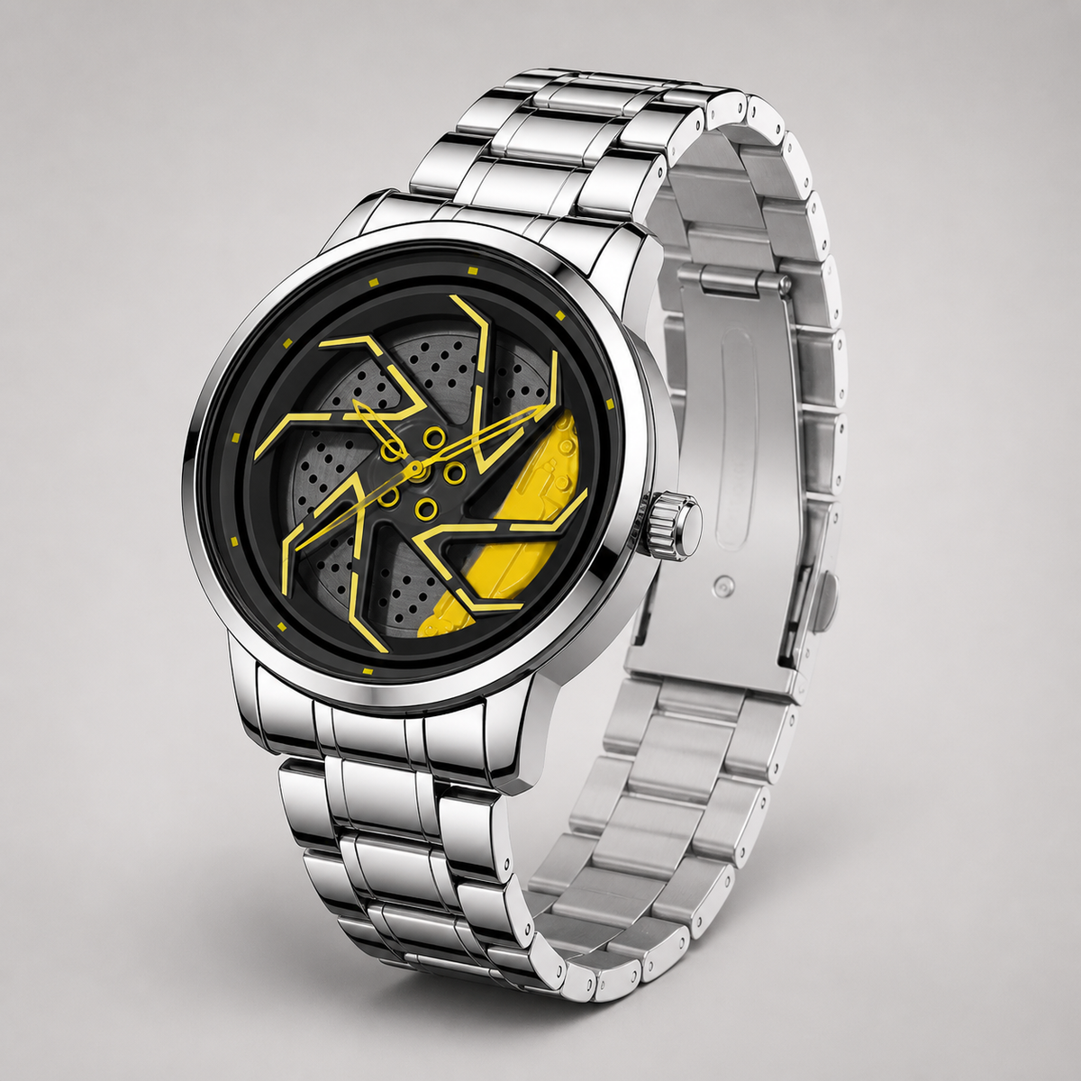 Men’s yellow brake-disc wheel-dial quartz watch, professional studio crown and bracelet view