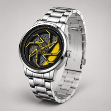 Men’s yellow brake-disc wheel-dial quartz watch, professional studio crown and bracelet view