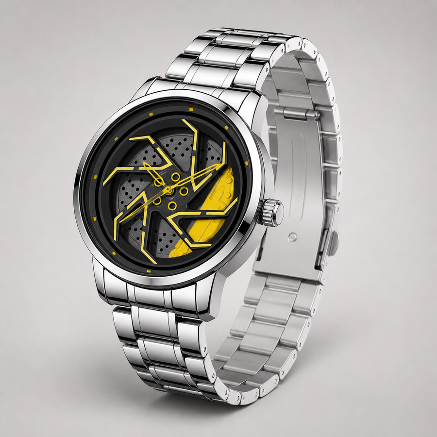Men’s yellow brake-disc wheel-dial quartz watch, professional studio crown and bracelet view