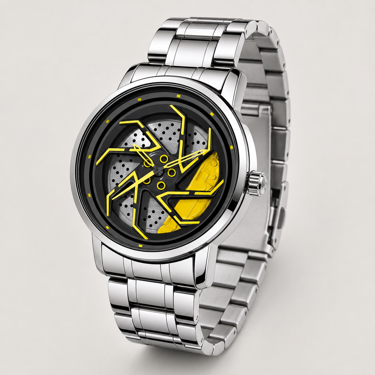 Men’s yellow brake-disc wheel-dial quartz watch, professional studio alternate angle
