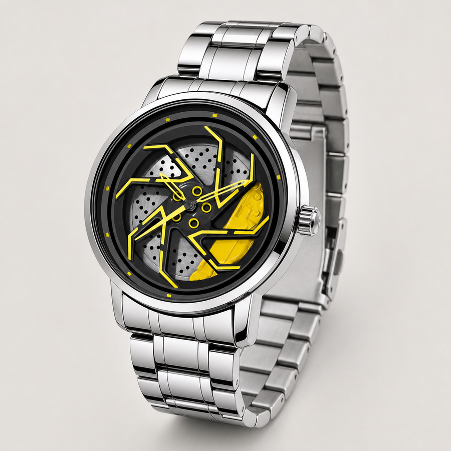 Men’s yellow brake-disc wheel-dial quartz watch, professional studio alternate angle