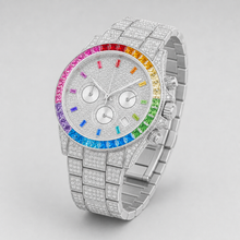 Men’s silver rainbow-bezel three-subdial quartz watch, professional studio three-quarter view