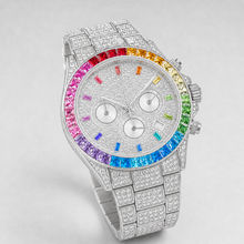 Men’s silver rainbow-bezel three-subdial quartz watch, professional studio front view
