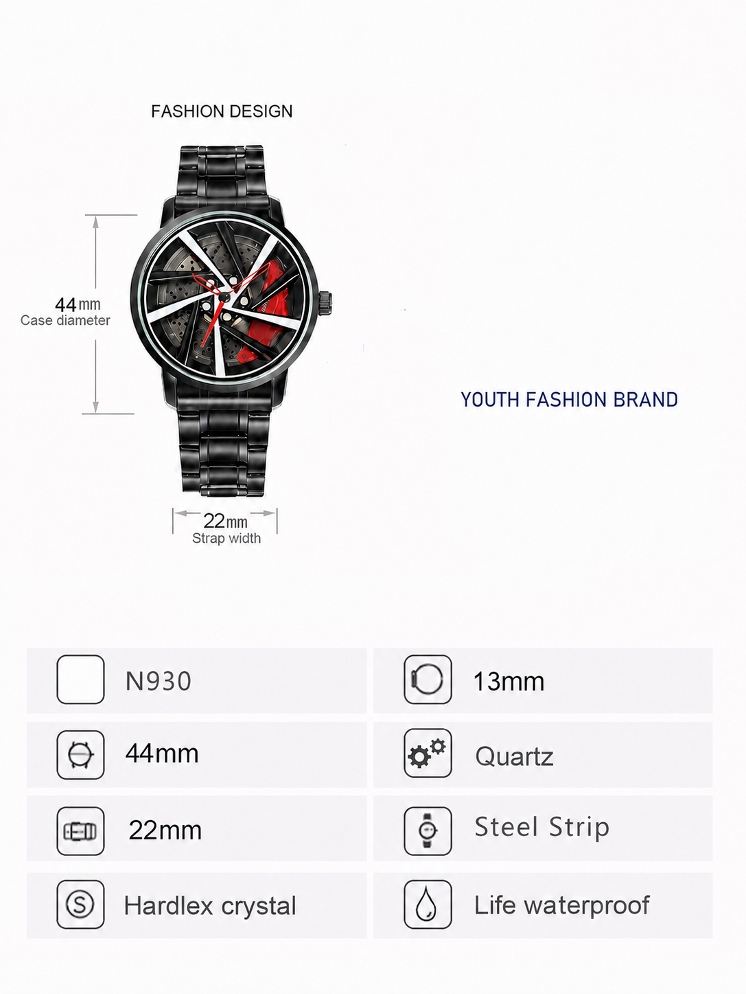 Men’s multi-spoke brake-disc quartz watch — premium product view 12