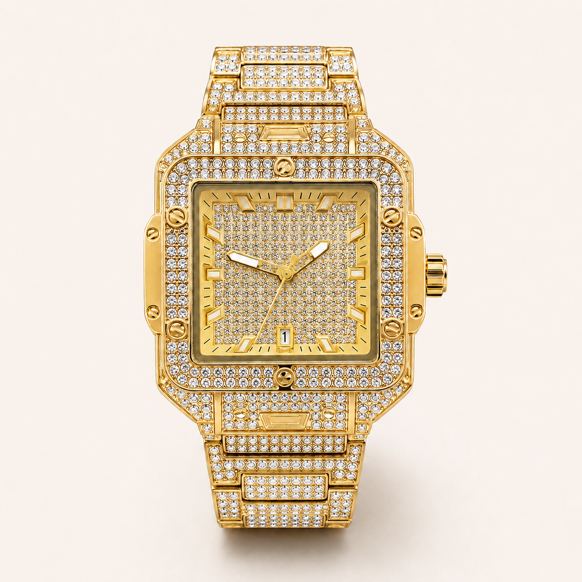 Men’s gold screw-bezel rectangular quartz watch — premium product view 1