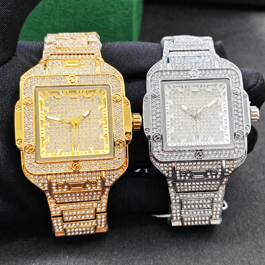 Men’s gold screw-bezel rectangular quartz watch — premium product view 3