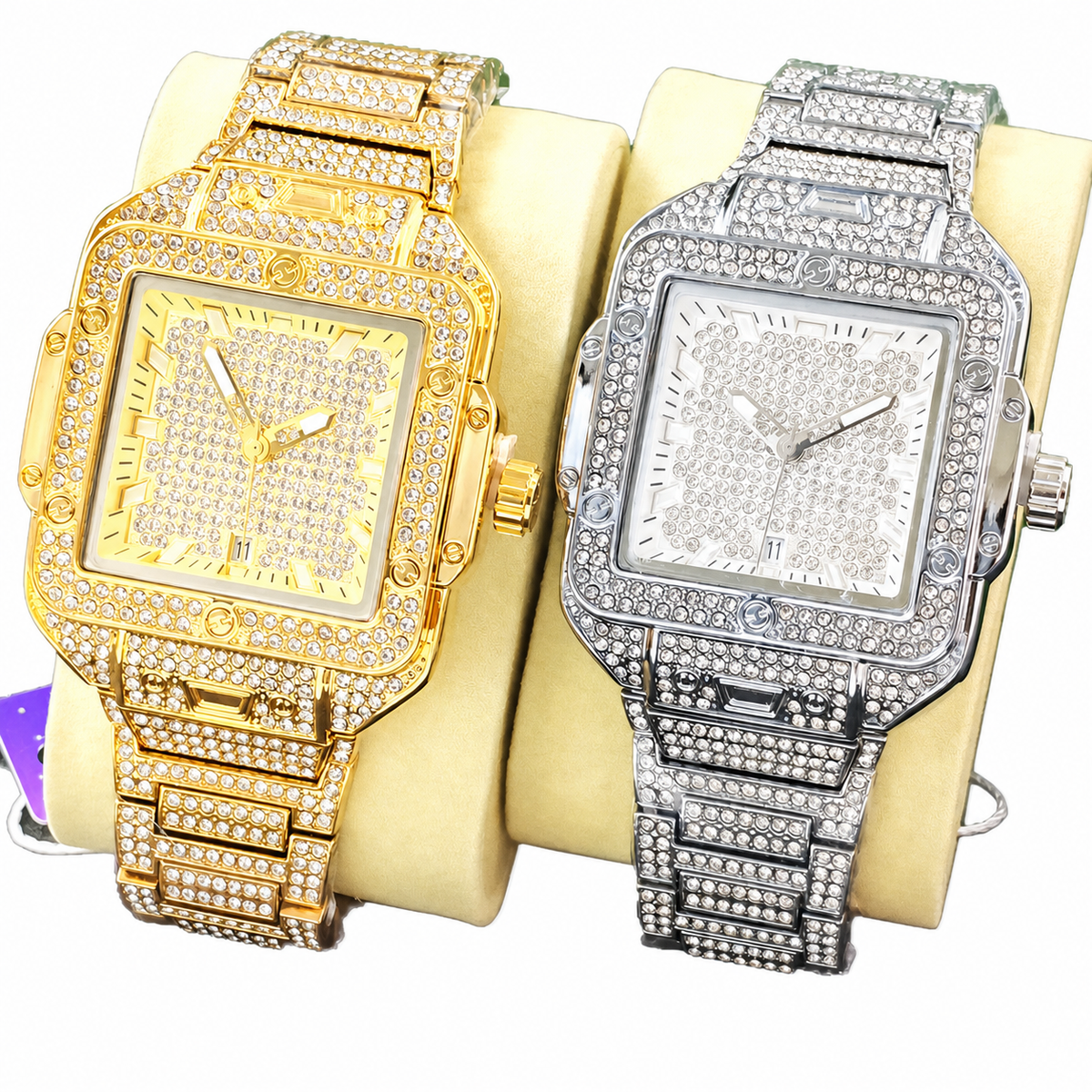 Men’s gold screw-bezel rectangular quartz watch — premium product view 7