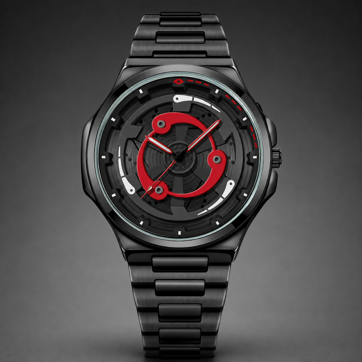 Men’s black and red ring-spoke wheel-dial quartz watch, professional studio front view