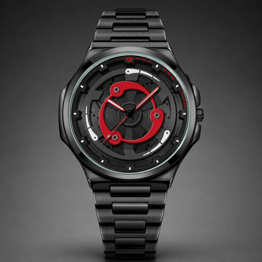 Men’s black and red ring-spoke wheel-dial quartz watch, professional studio front view