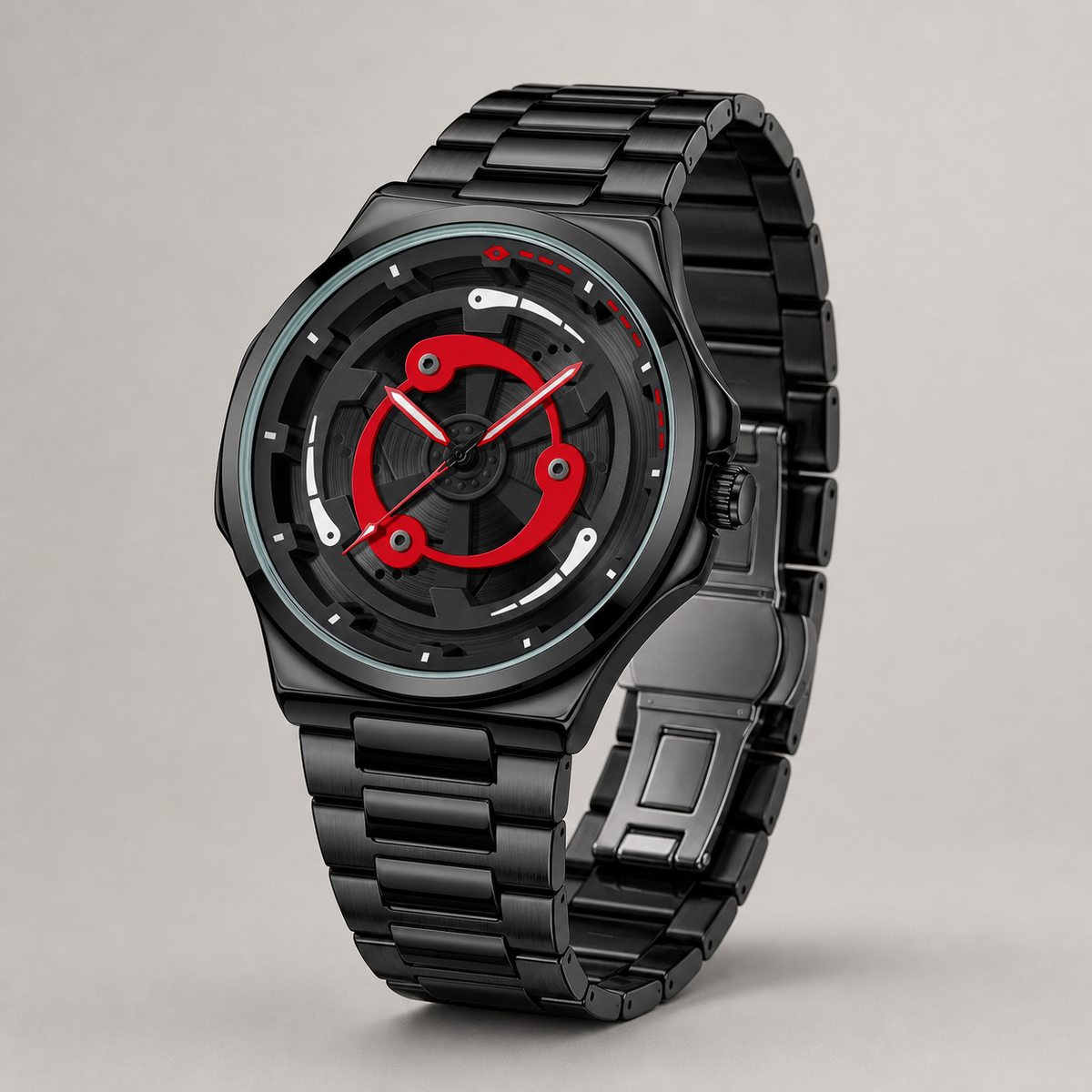 Men’s black and red ring-spoke wheel-dial quartz watch, professional studio three-quarter view