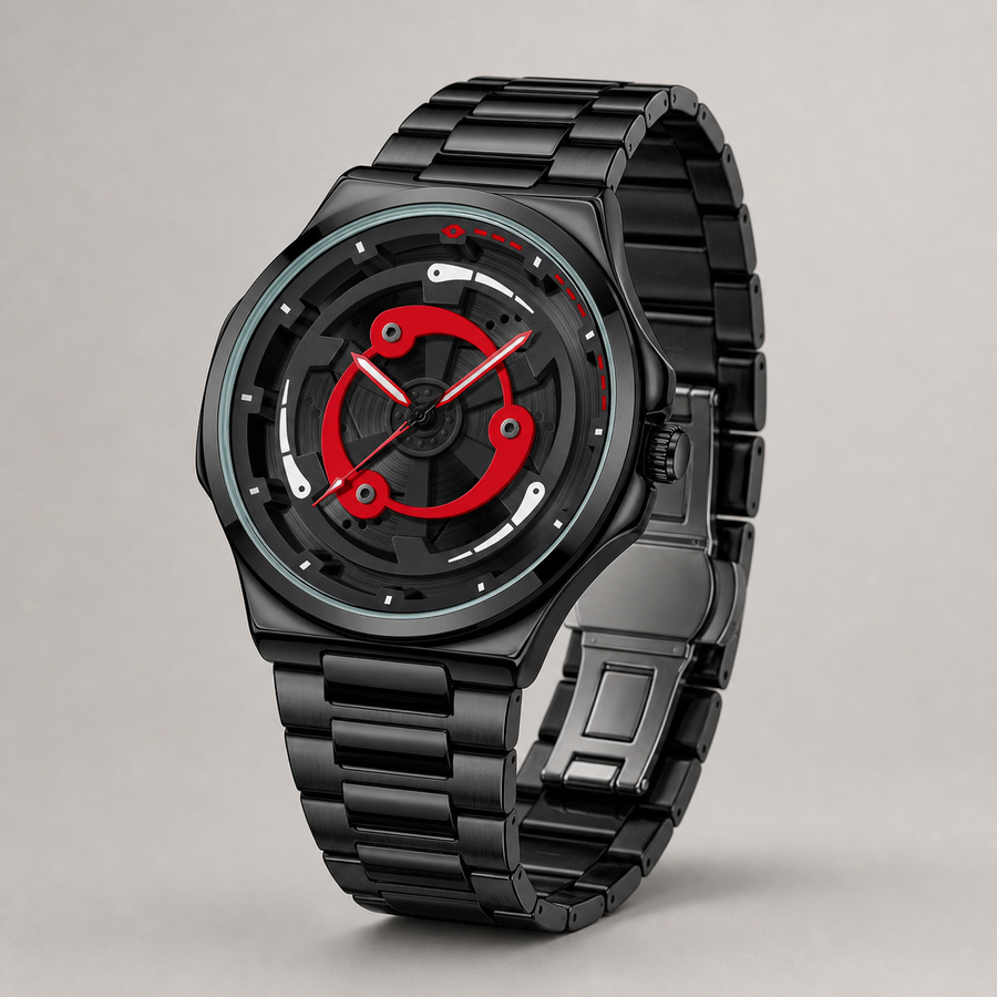 Men’s black and red ring-spoke wheel-dial quartz watch, professional studio three-quarter view