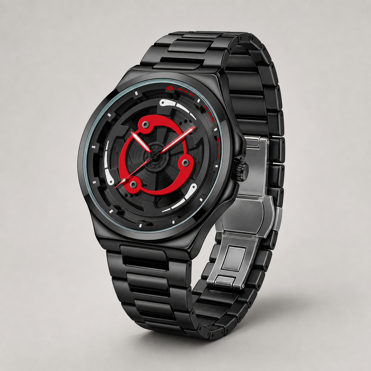 Men’s black and red ring-spoke wheel-dial quartz watch, professional studio bracelet and crown view
