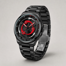 Men’s black and red ring-spoke wheel-dial quartz watch, professional studio bracelet and crown view