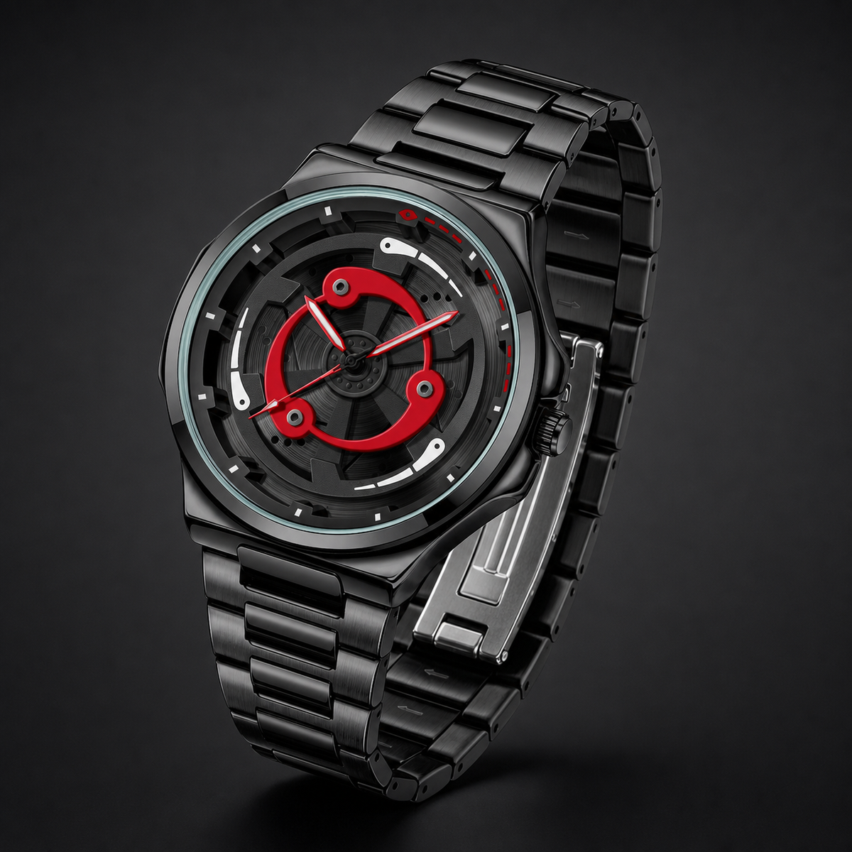 Men’s black and red ring-spoke wheel-dial quartz watch, professional studio alternate angle