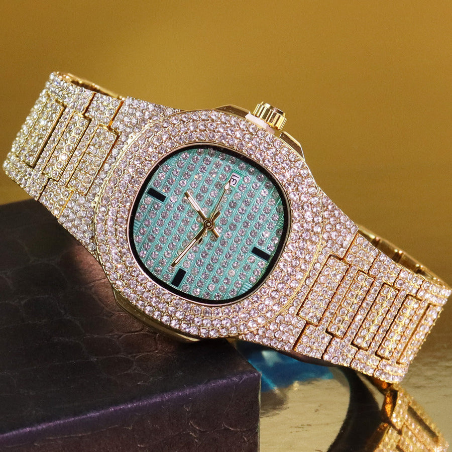 Men’s Striped Colour-Dial High-Shine Quartz Watch — gold-tone light-green dial