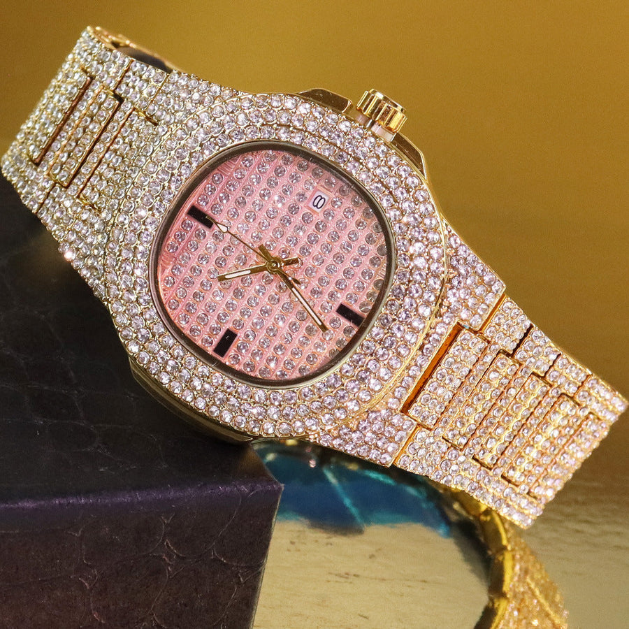 Men’s Striped Colour-Dial High-Shine Quartz Watch — gold-tone pink dial