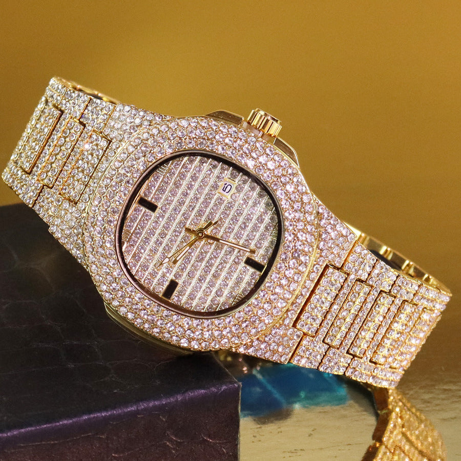 Men’s Striped Colour-Dial High-Shine Quartz Watch — gold-tone configuration