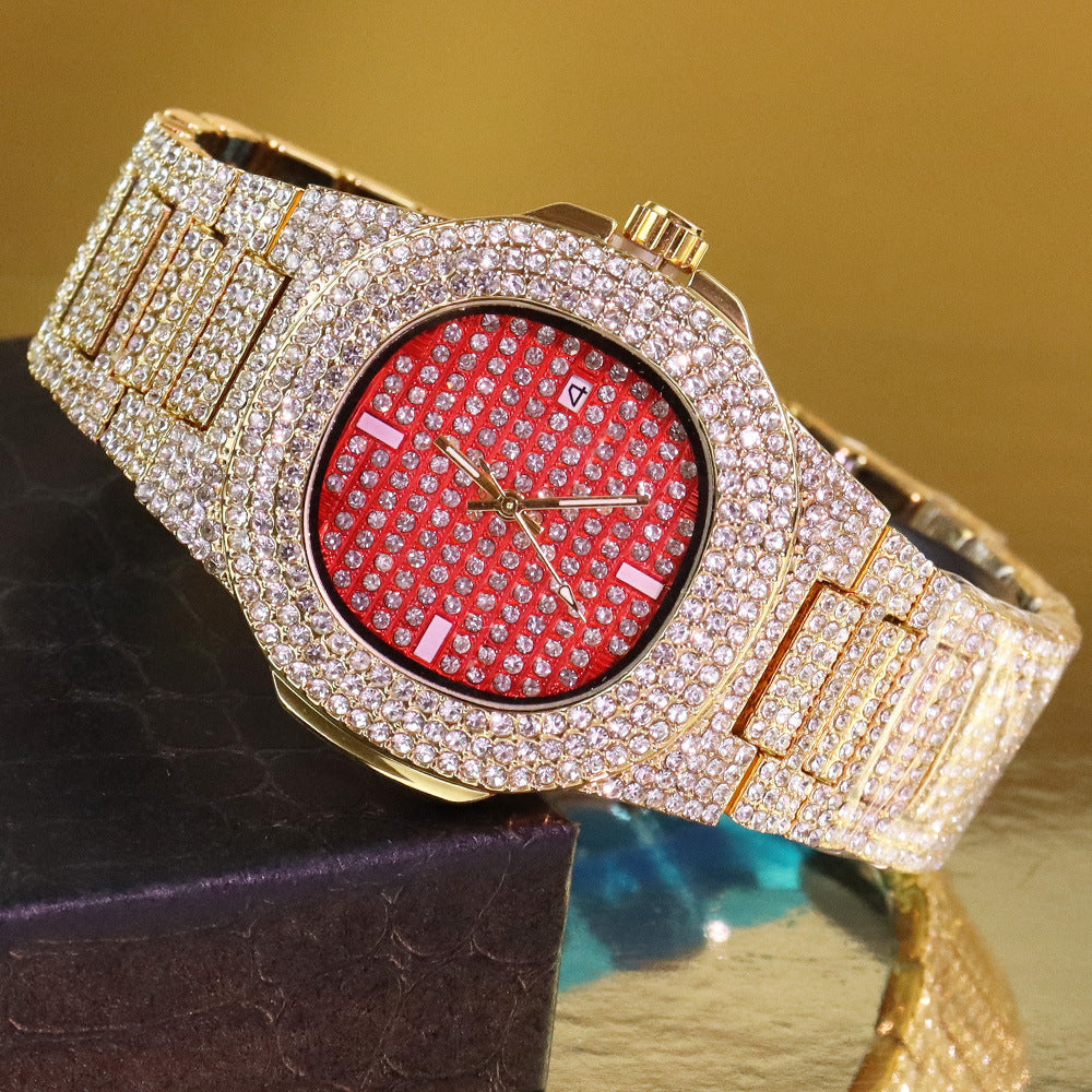 Men’s Striped Colour-Dial High-Shine Quartz Watch — gold-tone rose-red dial