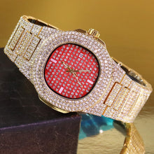 Men’s Striped Colour-Dial High-Shine Quartz Watch — gold-tone rose-red dial