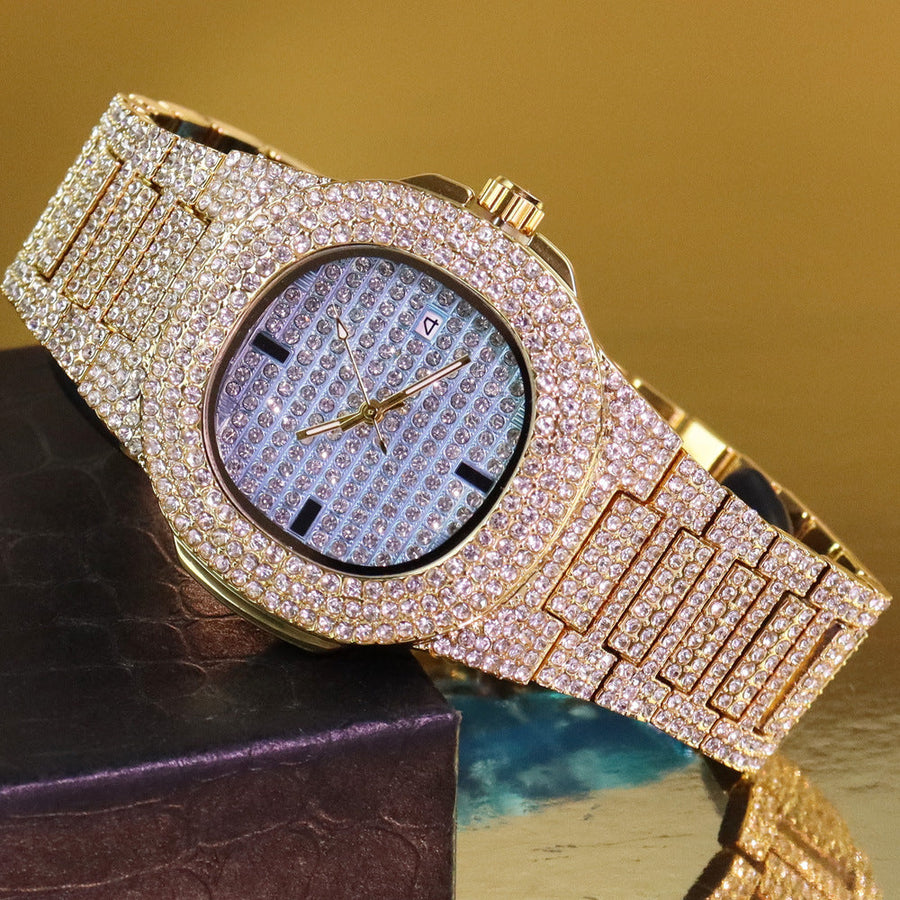 Men’s Striped Colour-Dial High-Shine Quartz Watch — gold-tone sky-blue dial