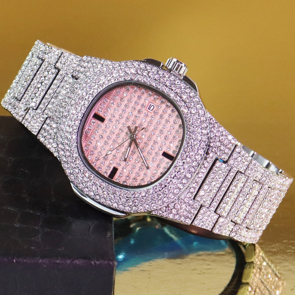 Men’s Striped Colour-Dial High-Shine Quartz Watch — silver-tone pink dial