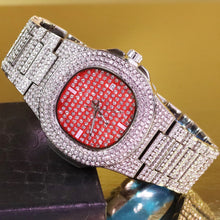 Men’s Striped Colour-Dial High-Shine Quartz Watch — silver-tone rose-red dial